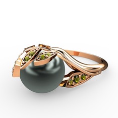 İncili Yaprak Yüzük - Siyah inci ve peridot 925 ayar rose altın kaplama gümüş yüzük #h894ol