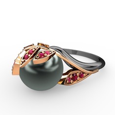 İncili Yaprak Yüzük - Siyah inci ve rodolit garnet 14 ayar rose altın yüzük #hazolr