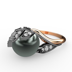 İncili Yaprak Yüzük - Siyah inci ve beyaz zirkon 925 ayar siyah rodyum kaplama gümüş yüzük #heyk51