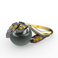 İncili Yaprak Yüzük - Siyah inci ve sitrin 925 ayar siyah rodyum kaplama gümüş yüzük #hmla77