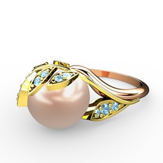 İncili Yaprak Yüzük - Pembe inci ve akuamarin 18 ayar altın yüzük #i72ft2
