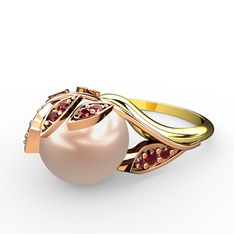 İncili Yaprak Yüzük - Pembe inci ve garnet 8 ayar rose altın yüzük #k0miuf