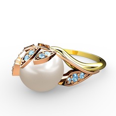 İncili Yaprak Yüzük - Inci ve akuamarin 18 ayar rose altın yüzük #k4otpe