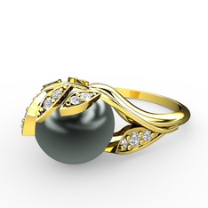 İncili Yaprak Yüzük - Siyah inci ve swarovski 14 ayar altın yüzük #kfzc46