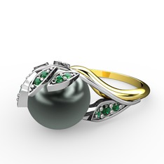 İncili Yaprak Yüzük - Siyah inci ve yeşil kuvars 8 ayar beyaz altın yüzük #kumvv5