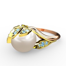 İncili Yaprak Yüzük - Inci ve akuamarin 8 ayar altın yüzük #l97zh