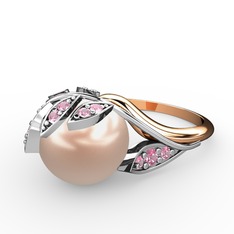 İncili Yaprak Yüzük - Pembe inci ve pembe kuvars 8 ayar beyaz altın yüzük #ld7b25