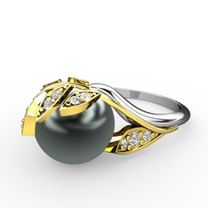 İncili Yaprak Yüzük - Siyah inci ve swarovski 14 ayar altın yüzük #lur4sv