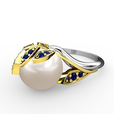 İncili Yaprak Yüzük - Inci ve lab safir 18 ayar altın yüzük #m8nj7e