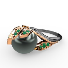 İncili Yaprak Yüzük - Siyah inci ve kök zümrüt 8 ayar rose altın yüzük #meeyj0