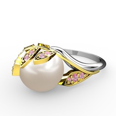 İncili Yaprak Yüzük - Inci ve pembe kuvars 8 ayar altın yüzük #nk030o