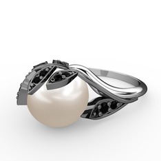 İncili Yaprak Yüzük - Inci ve siyah zirkon 925 ayar siyah rodyum kaplama gümüş yüzük #nvd2l6