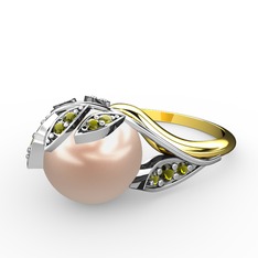 İncili Yaprak Yüzük - Pembe inci ve peridot 8 ayar beyaz altın yüzük #o2xgtc