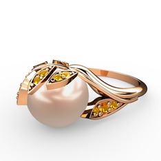 İncili Yaprak Yüzük - Pembe inci ve sitrin 14 ayar rose altın yüzük #o9iqd8