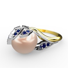 İncili Yaprak Yüzük - Pembe inci ve lab safir 14 ayar beyaz altın yüzük #oz1vuo