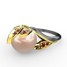 İncili Yaprak Yüzük - Pembe inci ve garnet 18 ayar altın yüzük #pc64hq