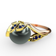 İncili Yaprak Yüzük - Siyah inci ve lab safir 18 ayar altın yüzük #piedox