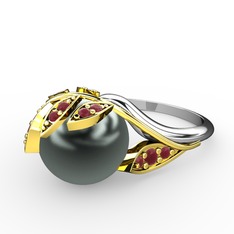 İncili Yaprak Yüzük - Siyah inci ve kök yakut 8 ayar altın yüzük #po7kng