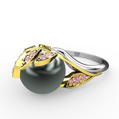Siyah inci ve pembe kuvars 14 ayar altın yüzük