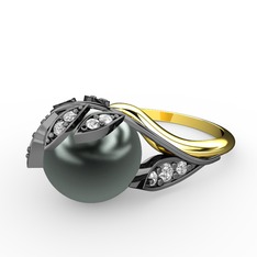 İncili Yaprak Yüzük - Siyah inci ve swarovski 925 ayar siyah rodyum kaplama gümüş yüzük #qo0w3z