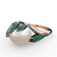 İncili Yaprak Yüzük - Inci ve kök zümrüt 925 ayar siyah rodyum kaplama gümüş yüzük #r4sa00