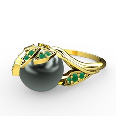 İncili Yaprak Yüzük - Siyah inci ve kök zümrüt 925 ayar altın kaplama gümüş yüzük #redof2