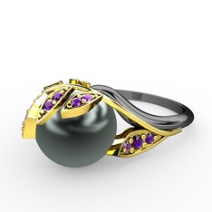 İncili Yaprak Yüzük - Siyah inci ve ametist 925 ayar altın kaplama gümüş yüzük #rra3ww