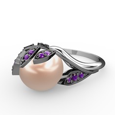 İncili Yaprak Yüzük - Pembe inci ve ametist 925 ayar siyah rodyum kaplama gümüş yüzük #s020fp