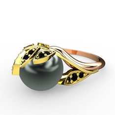 İncili Yaprak Yüzük - Siyah inci ve siyah zirkon 18 ayar altın yüzük #t4f7st