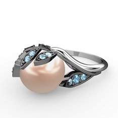 İncili Yaprak Yüzük - Pembe inci ve akuamarin 925 ayar siyah rodyum kaplama gümüş yüzük #tgmw8v