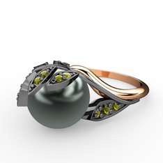 İncili Yaprak Yüzük - Siyah inci ve peridot 925 ayar siyah rodyum kaplama gümüş yüzük #tkg5m0