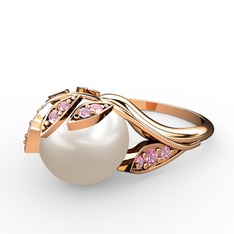 İncili Yaprak Yüzük - Inci ve pembe kuvars 18 ayar rose altın yüzük #uk3p54
