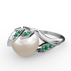 İncili Yaprak Yüzük - Inci ve kök zümrüt 14 ayar beyaz altın yüzük #v1o7si