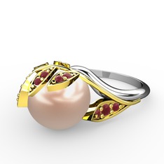 İncili Yaprak Yüzük - Pembe inci ve kök yakut 18 ayar altın yüzük #v2c9qs
