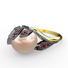 İncili Yaprak Yüzük - Pembe inci ve garnet 925 ayar siyah rodyum kaplama gümüş yüzük #vbxmh3