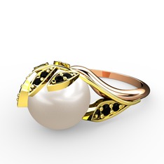 İncili Yaprak Yüzük - Inci ve siyah zirkon 14 ayar altın yüzük #vgieb5