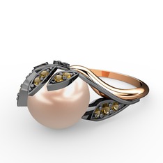 İncili Yaprak Yüzük - Pembe inci ve dumanlı kuvars 925 ayar siyah rodyum kaplama gümüş yüzük #w9epsl