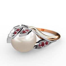 İncili Yaprak Yüzük - Inci ve kök yakut 14 ayar beyaz altın yüzük #wj6702