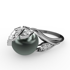 İncili Yaprak Yüzük - Siyah inci ve swarovski 8 ayar beyaz altın yüzük #xbyddp