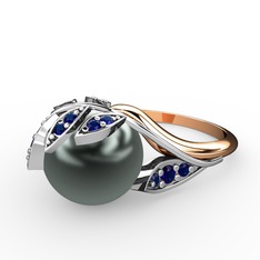 İncili Yaprak Yüzük - Siyah inci ve lab safir 14 ayar beyaz altın yüzük #xl2per