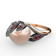 İncili Yaprak Yüzük - Pembe inci ve garnet 925 ayar siyah rodyum kaplama gümüş yüzük #xoavqk