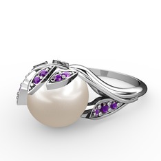 İncili Yaprak Yüzük - Inci ve ametist 8 ayar beyaz altın yüzük #yuxl03