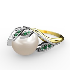 İncili Yaprak Yüzük - Inci ve yeşil kuvars 18 ayar beyaz altın yüzük #z82t0a