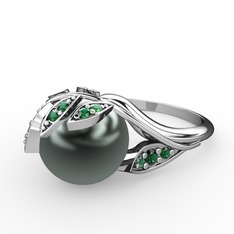 İncili Yaprak Yüzük - Siyah inci ve yeşil kuvars 18 ayar beyaz altın yüzük #zpwuty