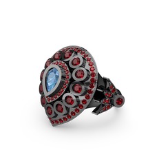 Akuamarin ve garnet 925 ayar siyah rodyum kaplama gümüş yüzük