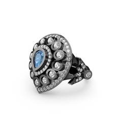 Akuamarin ve swarovski 925 ayar siyah rodyum kaplama gümüş yüzük