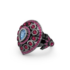 Mihrişah Elmas Yüzük - Akuamarin ve rodolit garnet 925 ayar siyah rodyum kaplama gümüş yüzük #o739ey