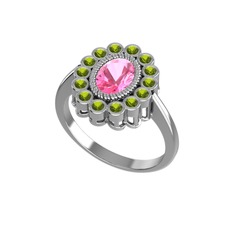 Rayiha Yüzük - Pembe kuvars ve peridot 8 ayar beyaz altın yüzük #1ghvz35