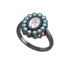 Rayiha Yüzük - Beyaz zirkon ve akuamarin 925 ayar siyah rodyum kaplama gümüş yüzük #1jul001