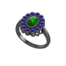 Rayiha Yüzük - Yeşil kuvars ve lab safir 925 ayar siyah rodyum kaplama gümüş yüzük #1m6d4